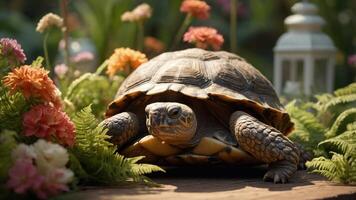 A turtle resting among colorful flowers and greenery in a serene garden setting. photo