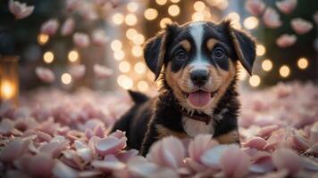 A playful puppy surrounded by flower petals and soft lights, creating a whimsical atmosphere. photo
