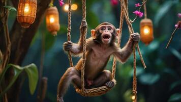 A playful monkey swings on a rope in a lush, vibrant setting with hanging lights. photo