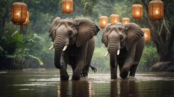 Two elephants wade through a serene river, illuminated by hanging lanterns in a lush setting. photo