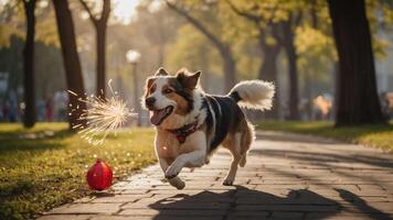 A playful dog runs joyfully in a park, chasing a ball with sparks flying. photo