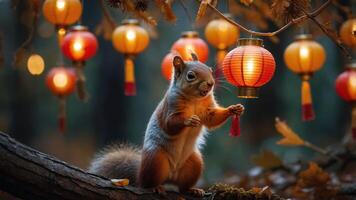 A playful squirrel holding a tassel beneath glowing lanterns in a forest setting. photo