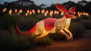 A vibrant illuminated kangaroo sculpture leaps through a twilight landscape filled with lanterns. photo