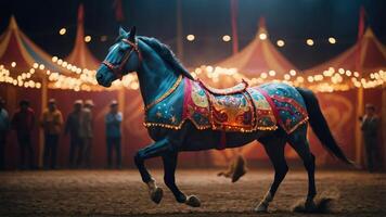 A decorated horse performs in a circus setting, surrounded by colorful tents and spectators. photo