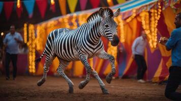 A zebra runs through a colorful circus setting filled with lights and festive decorations. photo