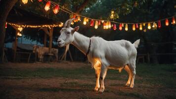 A goat stands in a softly lit outdoor area adorned with colorful lanterns. photo