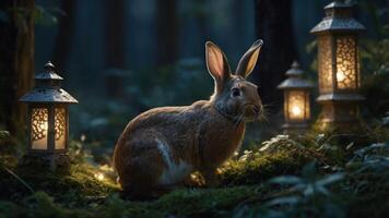 A serene rabbit surrounded by glowing lanterns in a mystical forest setting. photo