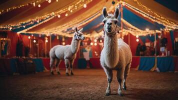 Llamas in a colorful circus tent with festive lights and decorations. photo