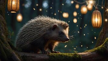 A hedgehog perched on a mossy log surrounded by glowing lanterns in a serene forest setting. photo
