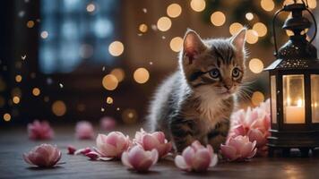A cute kitten surrounded by pink flowers and soft lighting, creating a serene atmosphere. photo