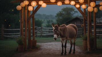 A serene scene featuring a donkey under lanterns at dusk, creating a cozy atmosphere. photo