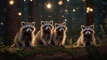 Four raccoons sitting on a log in a forest, illuminated by soft, glowing lights. photo