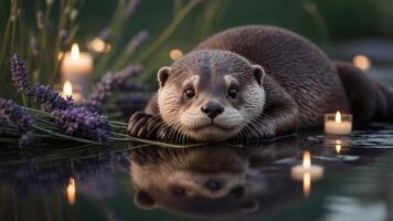 A serene otter rests by a pond surrounded by lavender and floating candles. photo