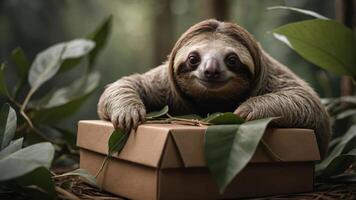 A sloth resting on a box surrounded by leaves in a lush forest setting. photo