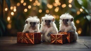 Three small monkeys sitting with wrapped gifts in a festive setting. photo