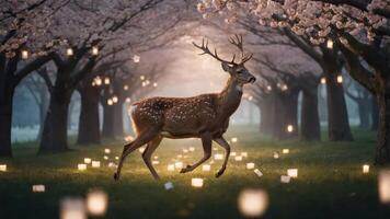 A deer gracefully runs through a cherry blossom grove illuminated by soft lanterns. photo