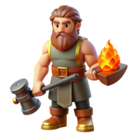 passionate dazzling Hephaestus, God of Fire and Forge, holding hammer, NO BACKGROUND with Transparent Background. expertly shot png