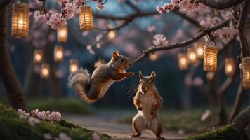 Two squirrels play among cherry blossoms and lanterns in a serene evening setting. photo