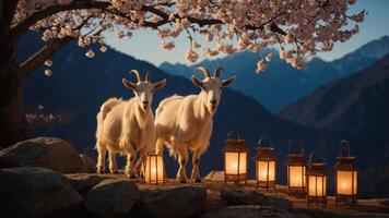 Two goats stand under a cherry blossom tree, illuminated by lanterns at dusk. photo