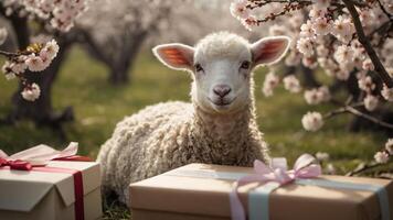 A sheep resting among blooming trees and gift boxes in a serene outdoor setting. photo