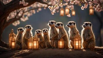 A group of meerkats gathered around glowing lanterns under cherry blossoms. photo