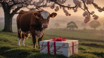 A cow stands beside a beautifully wrapped gift under a flowering tree at sunrise. photo