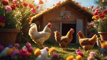 A serene scene with chickens in a flower-filled garden near a cozy chicken coop. photo