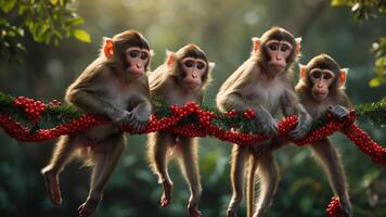 Four monkeys hanging on a festive garland with red berries in a natural setting. photo
