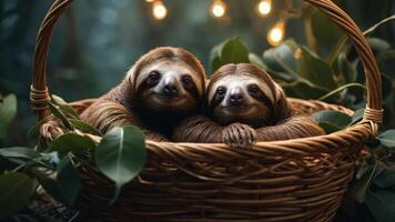 Two sloths nestled together in a wicker basket surrounded by greenery and soft lights. photo