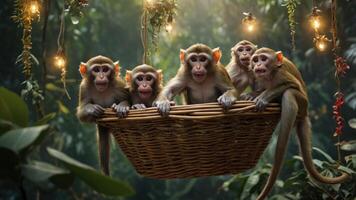 Five playful monkeys sitting in a basket surrounded by lush greenery and fairy lights. photo