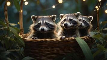 Three raccoons sitting together in a woven basket surrounded by greenery and fairy lights. photo