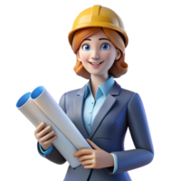 striking traditional Female architect with blueprints NO BACKGROUND with Transparent Background. 8K png