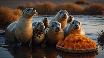 A group of seals gathered near a basket of orange flowers in a serene natural setting. photo