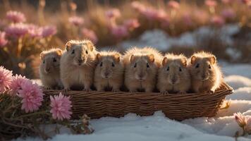 A group of adorable hamsters in a basket surrounded by flowers in a serene setting. photo