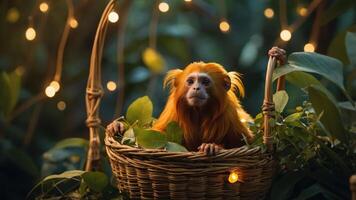 A golden monkey sits in a basket surrounded by greenery and soft lights. photo