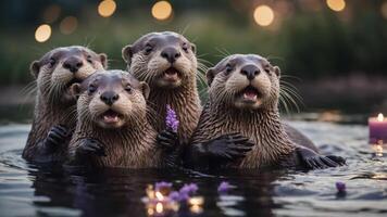 A group of playful otters in water, surrounded by flowers and soft lighting. photo