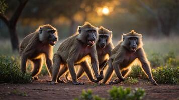 A group of four baboons walking together in a natural setting during sunset. photo