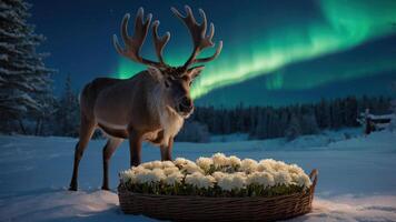 A reindeer stands beside a basket of flowers under the aurora borealis in a snowy landscape. photo