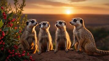 Four meerkats sit together at sunset, showcasing their social behavior in a natural setting. photo