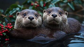Two otters swim together surrounded by greenery and red berries. photo