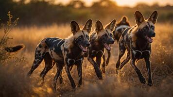 A pack of wild dogs running through golden grass during sunset. photo