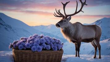 A reindeer stands beside a basket of purple flowers against a snowy mountain backdrop at sunset. photo