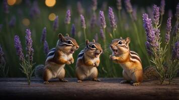 Three chipmunks animatedly interacting among lavender plants in a serene setting. photo