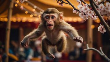 A playful monkey leaps in a festive setting, surrounded by cherry blossoms and lights. photo