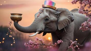 A whimsical elephant wearing a colorful hat, surrounded by cherry blossoms at sunset. photo