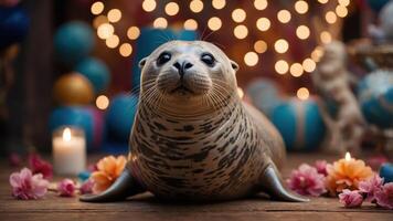 A seal resting amidst colorful decorations and soft lighting, creating a whimsical atmosphere. photo