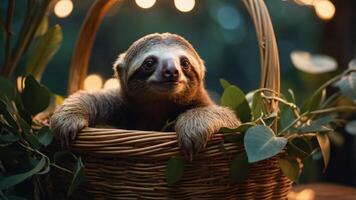 A sloth resting in a woven basket surrounded by greenery and soft lighting. photo