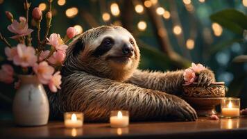 A sloth surrounded by flowers and candles, creating a serene and cozy atmosphere. photo