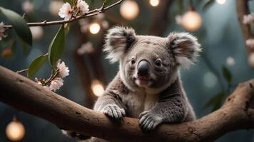A koala resting on a branch surrounded by flowers and soft lights in a serene setting. photo
