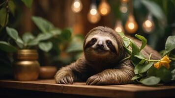 A sloth resting among plants with soft lighting in a cozy setting. photo